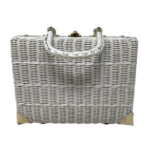Vintage White Wicker Coated‎ Purse Handbag Brass Color Hardware CottageCore